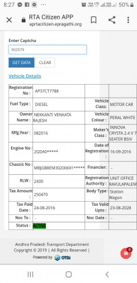 White Toyota Innova Crysta 2.4 VX 7 STR