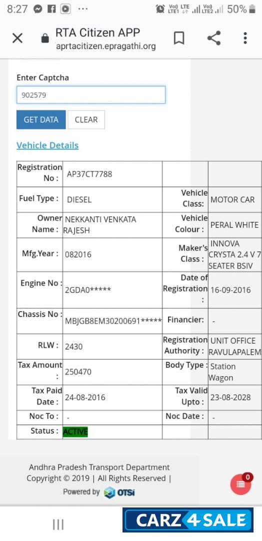 White Toyota Innova Crysta 2.4 VX 7 STR White Toyota Innova Crysta 2.4 VX 7 STR